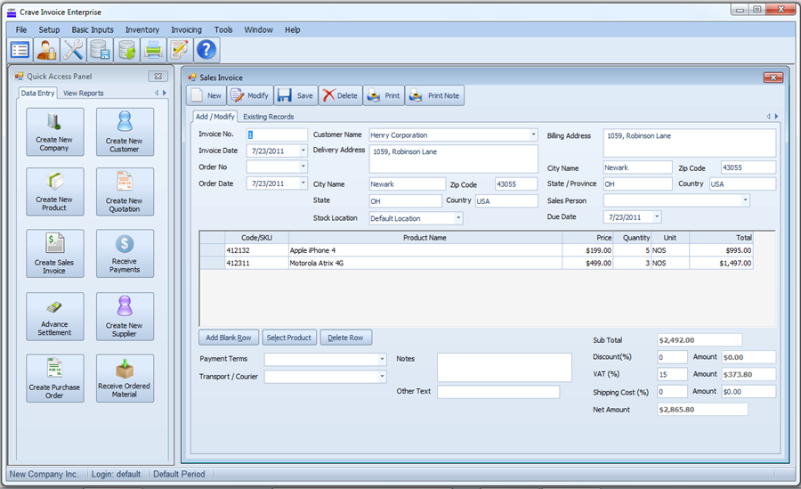 Crave Invoice Enterprise 2.3.2.0 software screenshot