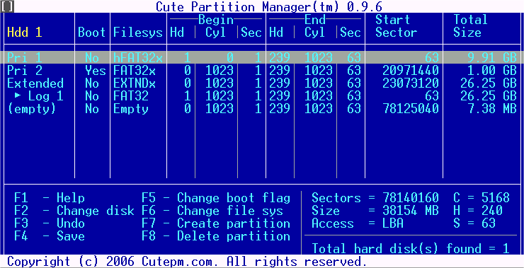 Cute Partition Manager 0.9.8 software screenshot