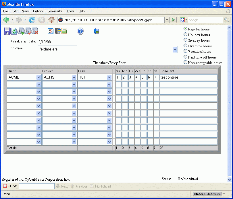 CyberMatrix Timesheets Web Enterprise 3.02 software screenshot