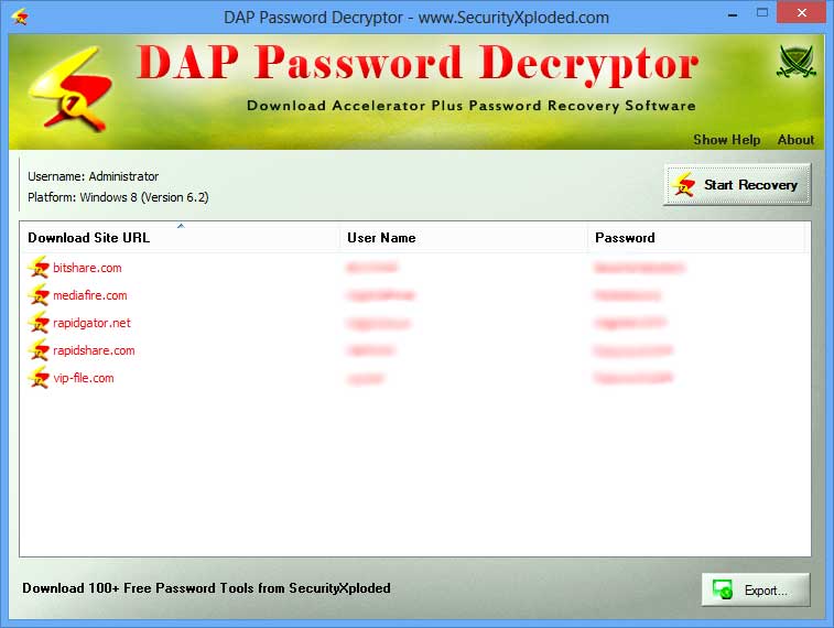 DAP Password Decryptor 1.5 software screenshot