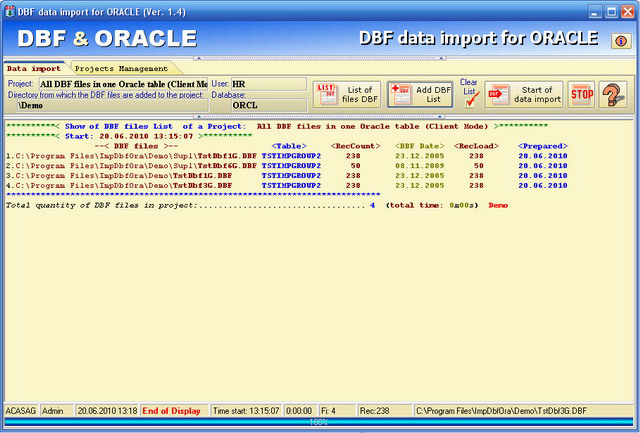 DBF data import for ORACLE 1.4 software screenshot