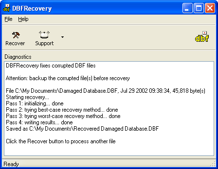 DBFRecovery 1.1.0843 software screenshot