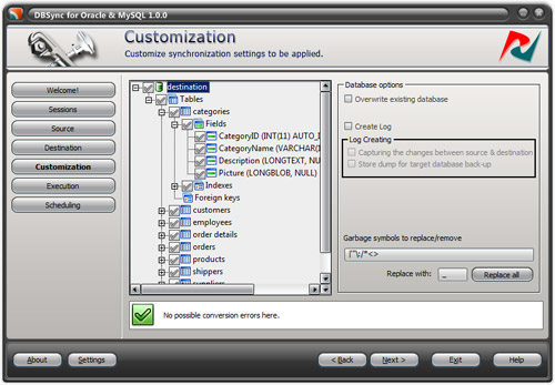 DBSync for Oracle and MySQL 1.6.0 software screenshot