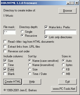 DIR2HTML 1.1.0 software screenshot