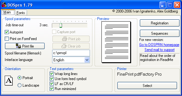 DOSPRN 1.85 software screenshot