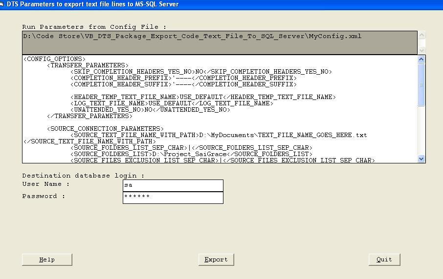 DTS Parameters to export text file lines to MS-SQL Server 1.0.0.0 software screenshot
