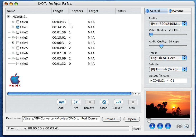 DVD T0 iPod Ripper 4 Mac 2011.1105 software screenshot