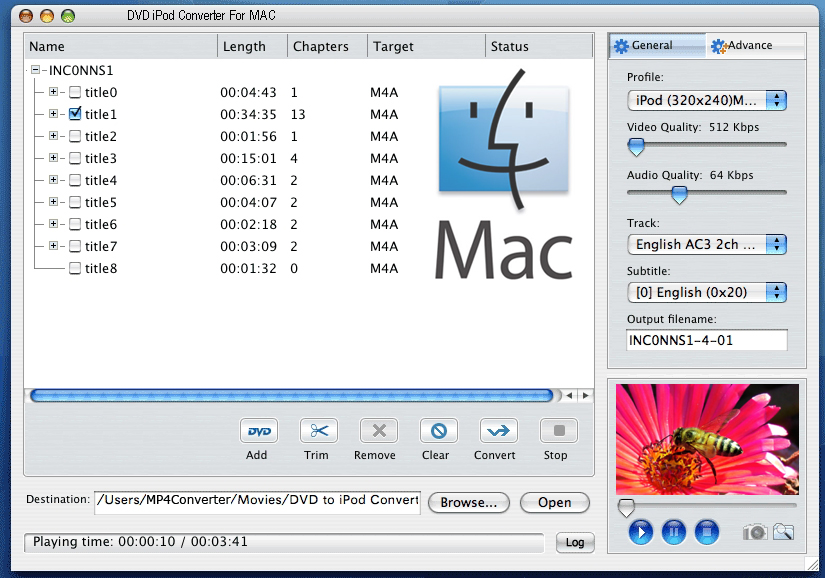 DVD to iPod Converter for Mac 2011.1105 software screenshot