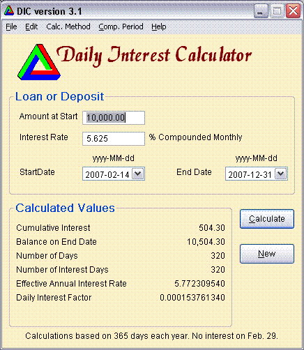 Daily Interest Calculator 3.1 software screenshot