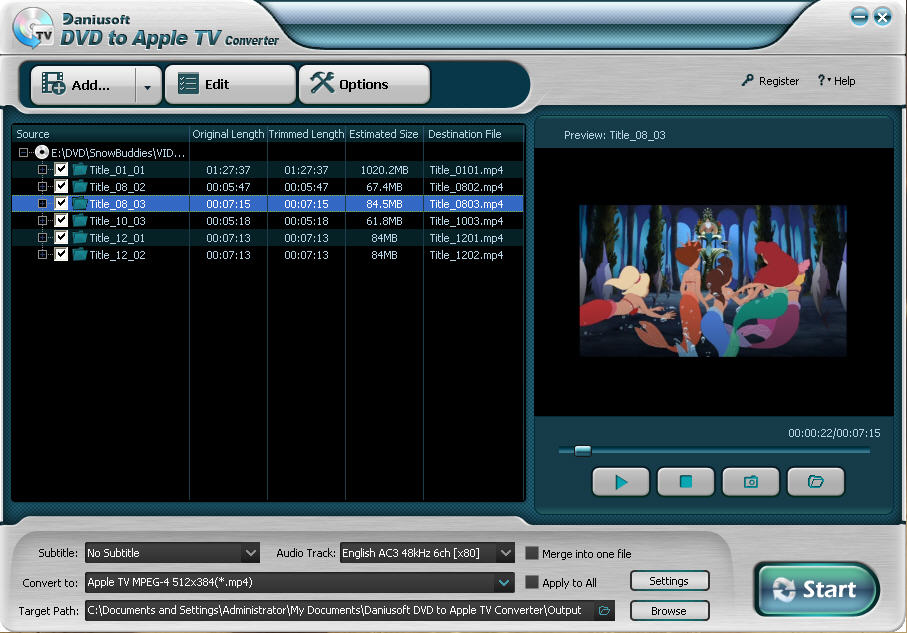 Daniusoft DVD to Apple TV Converter 2.1.0.12 software screenshot