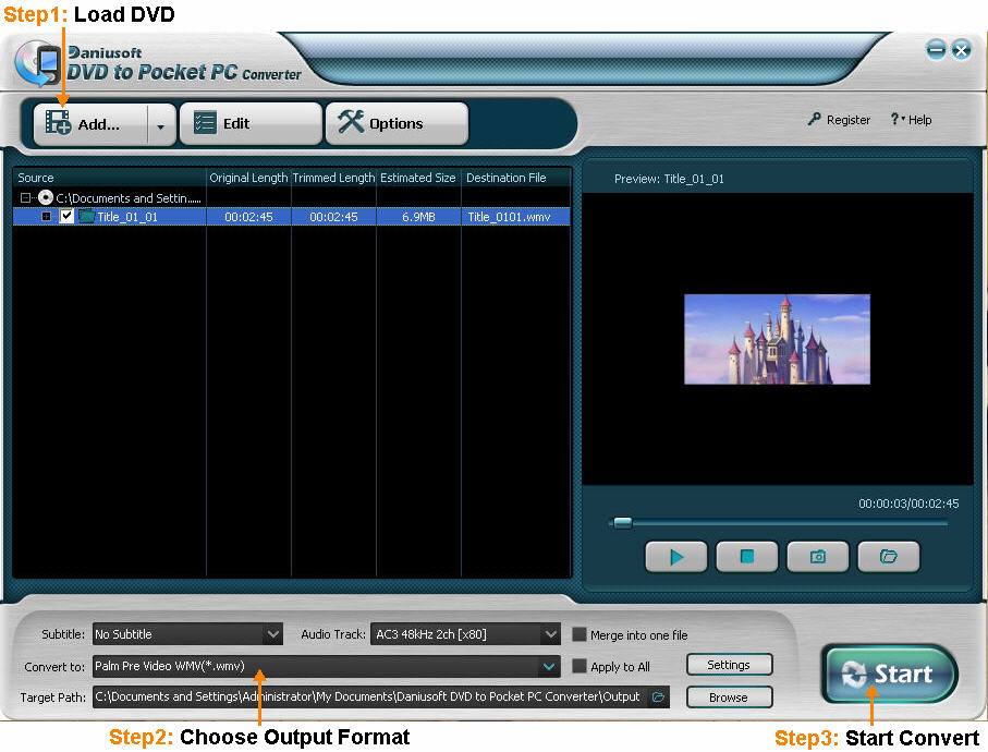Daniusoft DVD to Pocket PC Converter 2.1.0.12 software screenshot