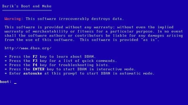 Dariks Boot and Nuke (DBAN) 2.2.8 software screenshot