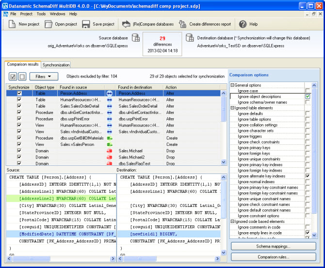 Datanamic SchemaDiff for MS Access 4.0.1 software screenshot