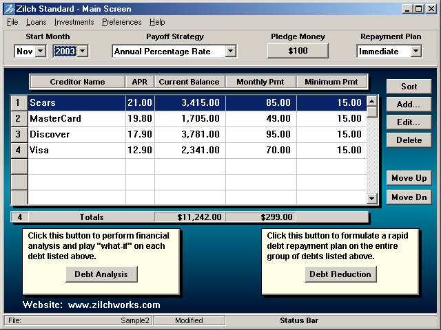 Debt Reduction - Zilch Standard 4.0 software screenshot