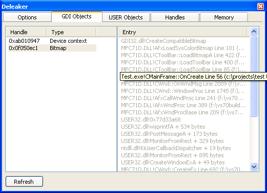 Deleaker Add-in for Visual C++ 1.1 software screenshot
