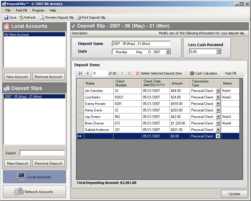DepositWiz 2.0 software screenshot