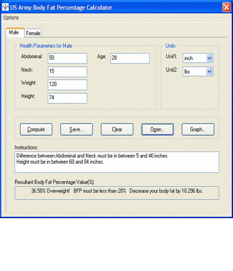 Desktop U.S. Army Body Fat % Calculator 1.3 software screenshot