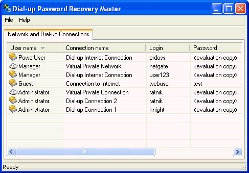 Dial-up Password Recovery Master 1.3 software screenshot