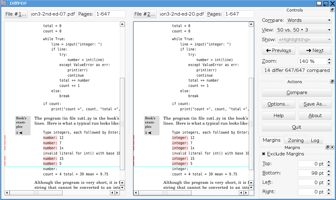 DiffPDF 5.6.7 software screenshot