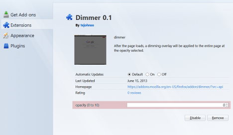 Dimmer 0.4 software screenshot