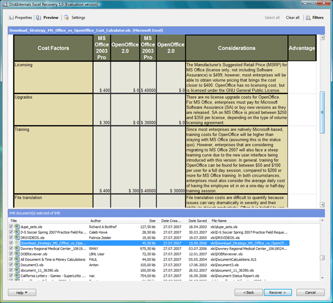 DiskInternals Excel Recovery 2.0 software screenshot