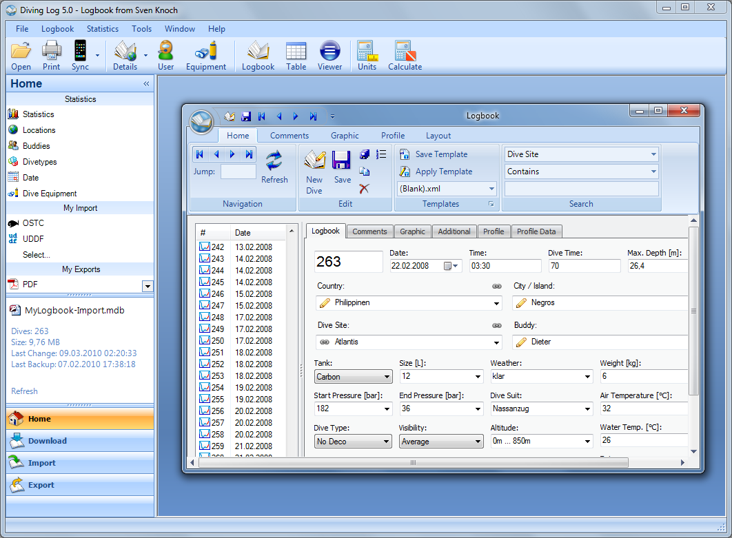 Diving Log 5.0.9 software screenshot