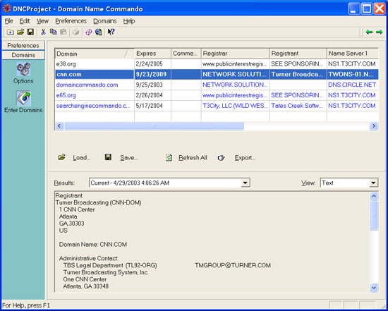 Domain Name Commando 1.0 software screenshot