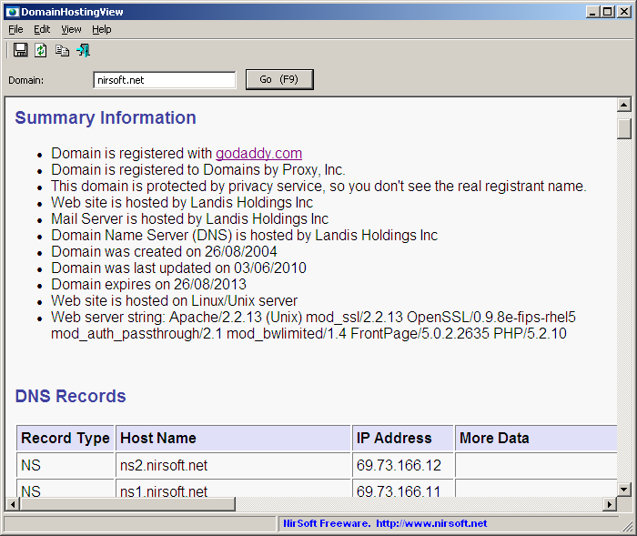 DomainHostingView 1.75 software screenshot