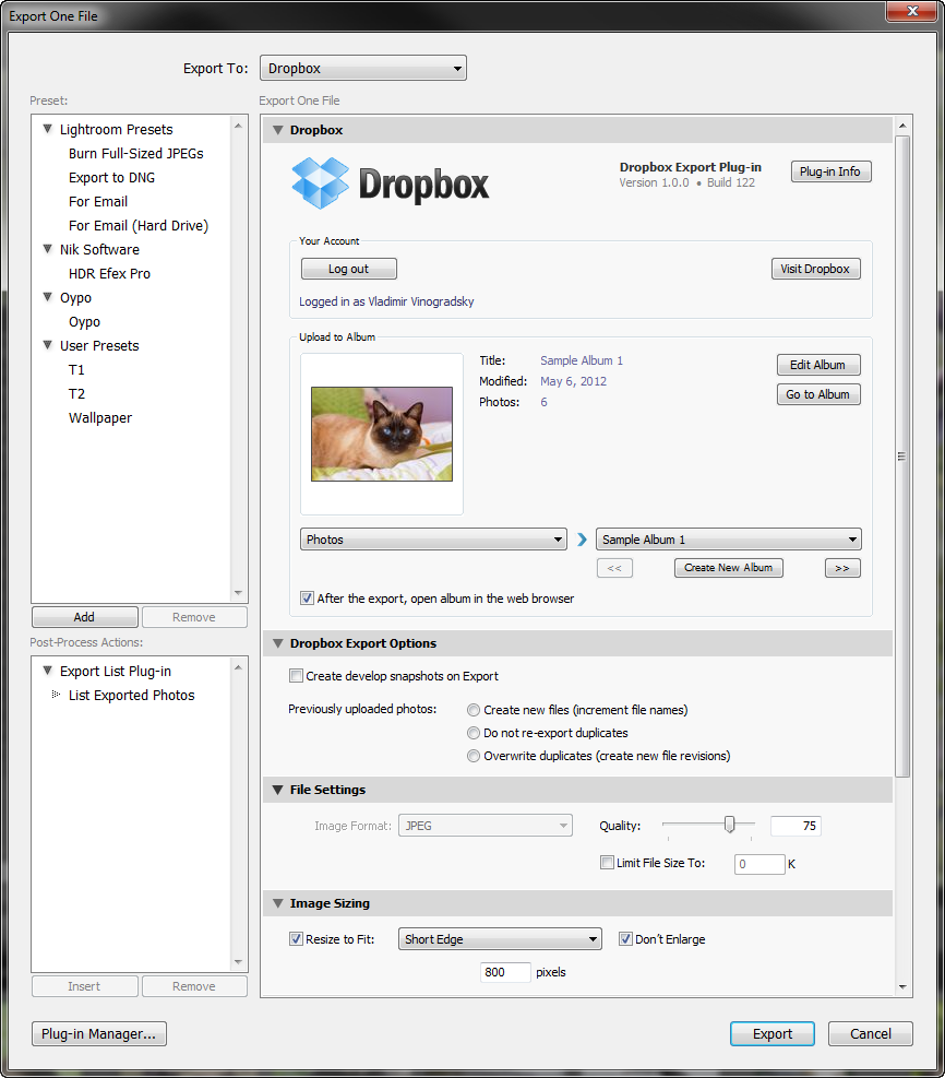 Dropbox for Lightroom 2.10.3 software screenshot
