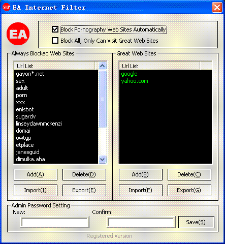 EA Internet Filter V2.9 software screenshot