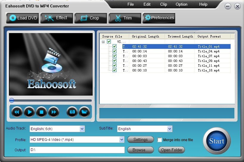 Eahoosoft DVD to MP4 Converter 2.01 software screenshot
