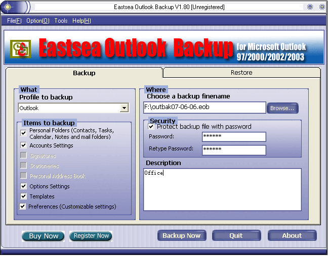 Eastsea Outlook Backup 2.60 software screenshot