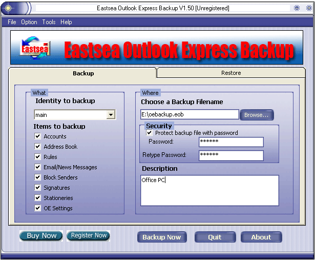 Eastsea Outlook Express Backup 2.10 software screenshot