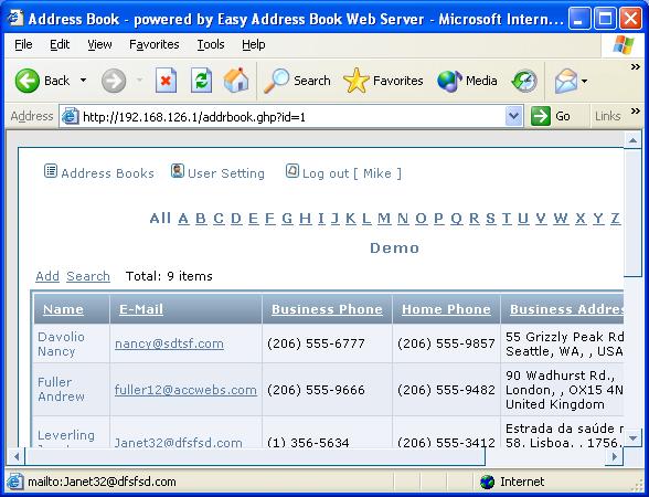 Easy Address Book Web Server 1.2 software screenshot