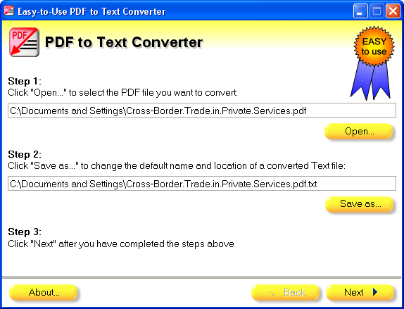 Easy-to-Use PDF to Text Converter 2011 software screenshot