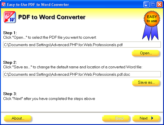 Easy-to-Use PDF to Word Converter 2011 software screenshot