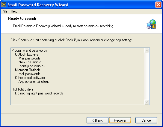Email Password Recovery Wizard 1.1 software screenshot