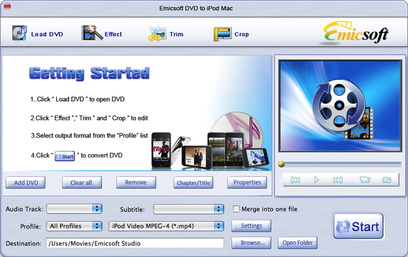 Emicsoft DVD to iPod Converter for Mac 3.1.12 software screenshot