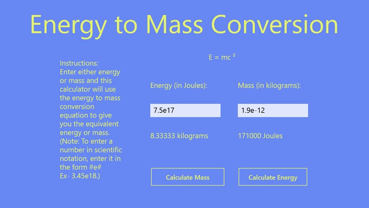 Energy to Mass Calculator for Windows 8 1.0.0.0 software screenshot
