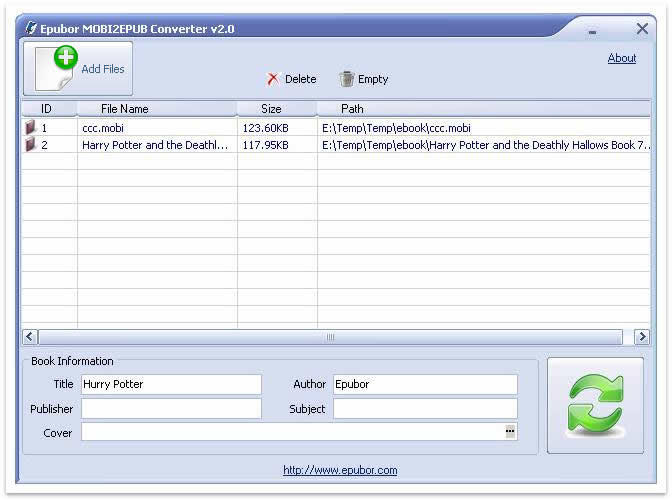Epubor Mobi2ePub Converter 2.0 software screenshot