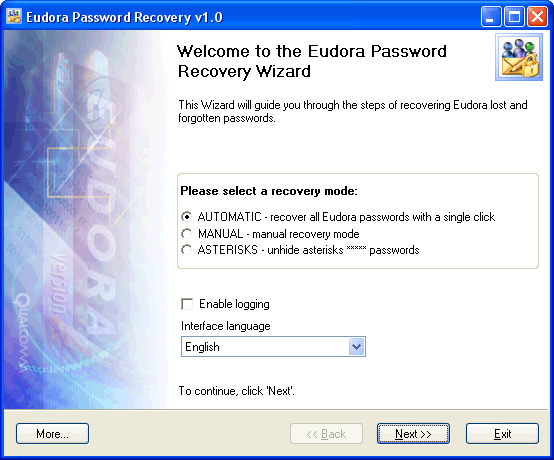 Eudora Password Recovery 1.6.4 software screenshot