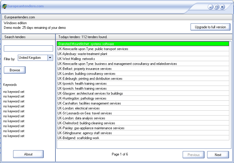 Europeantenders.com Windows Edition 1.0 software screenshot