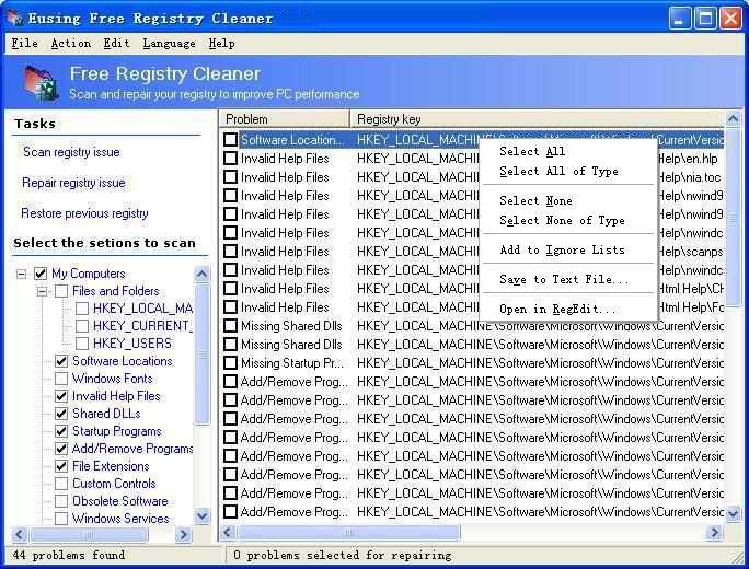 Eusing Free Registry Cleaner 3.8.0.20150810 software screenshot
