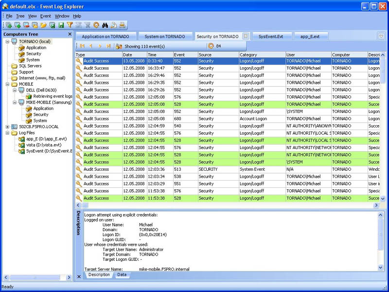 Event Log Explorer 4.5.3.2069 software screenshot