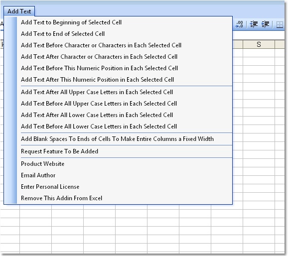 Excel Add Data, Text & Characters To All Cells Software 7.0 software screenshot