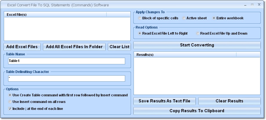 Excel Convert File To SQL Statements (Commands) Software 7.0 software screenshot