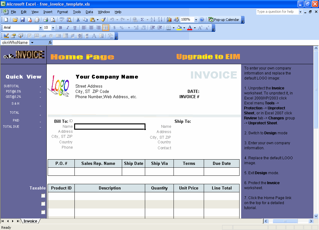 Excel Invoice Template 1.5 software screenshot