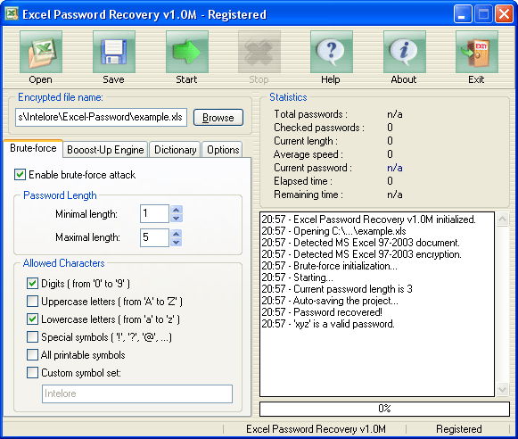 Excel Password Recovery 1.0M software screenshot