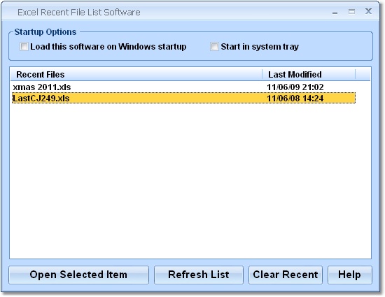 Excel Recent File List Software 7.0 software screenshot