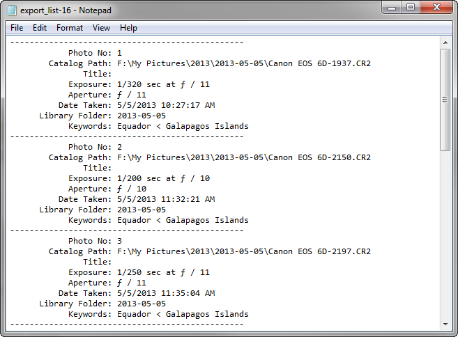 Export List Plug-in for Lightroom 4.0.2 software screenshot